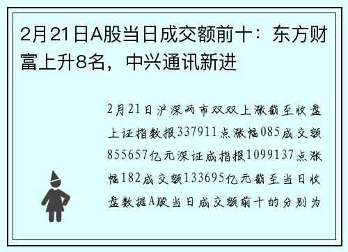 2月21日A股当日成交额前十：东方财富上升8名，中兴通讯新进