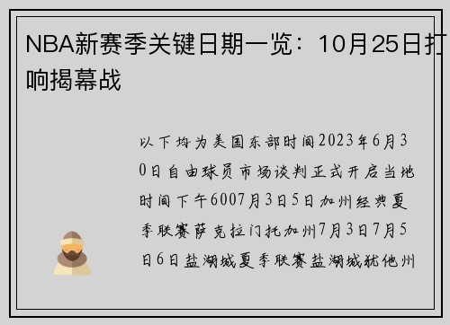 NBA新赛季关键日期一览：10月25日打响揭幕战