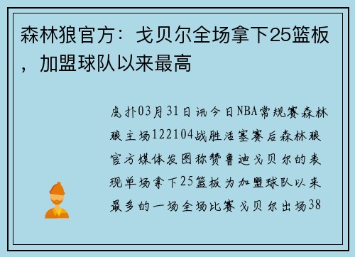 森林狼官方：戈贝尔全场拿下25篮板，加盟球队以来最高