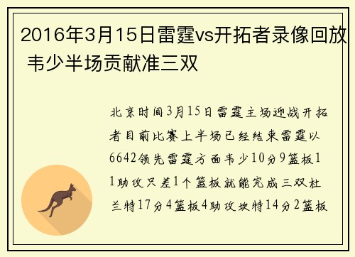 2016年3月15日雷霆vs开拓者录像回放 韦少半场贡献准三双