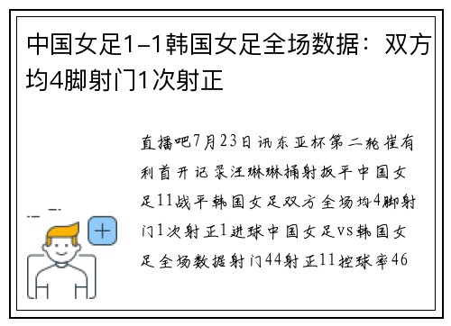 中国女足1-1韩国女足全场数据：双方均4脚射门1次射正